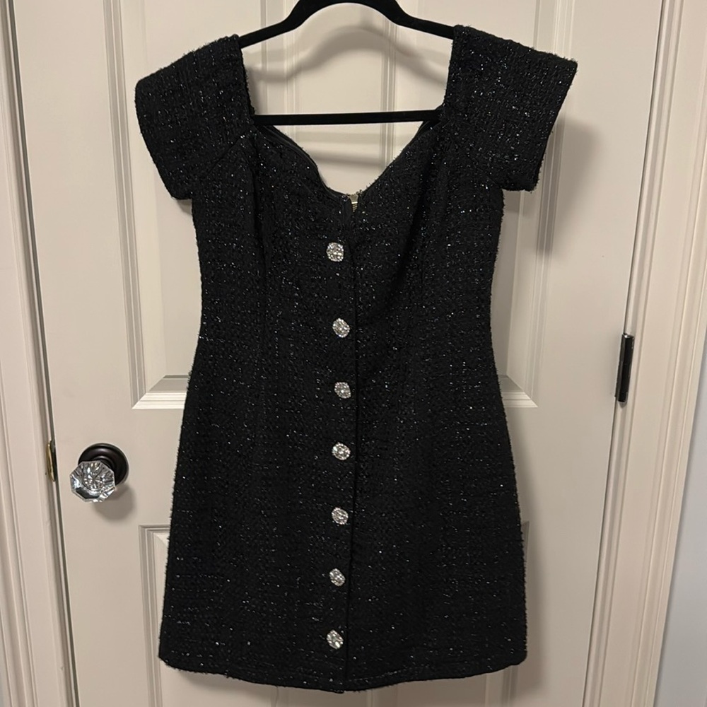 Aqua tweed dress with rhinestone buttons. Sweetheart neckline. NWOT